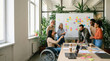© ZeroOne - Diverse team meeting creative office startup workspace business collaboration wheelchair user inclusive workplace brainstorming session planning strategy sticky note wall happy colleagues