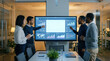 © ZeroOne - Business meeting presentation data office teamwork collaboration diverse team discussion corporate analytics dashboard strategic planning modern conference room digital screen professional