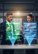 © EverWander - Two Business People Interacting with Futuristic Holographic Screens