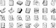 © pixsource - Hand-drawn Black and White Line Art Document and Office Productivity Icons Set. Featuring file management, organization, notes, and administrative task doodle symbols.