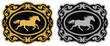 © MASUD HABIB - Horse label belt buckle wild western rodeo ranch cowboy style tag design, gold and silver vector silhouettes with classic rodeo symbols, Western festival artwork illustration, vintage cowboy branding