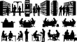 © Kabaka - Silhouettes of people reading and working in a library with bookshelves and desks depicted in black | editable eps vectors