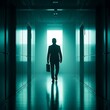 © Gedang - Silhouette of a businessman walking towards the light at the end of a corridor.