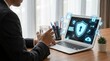 © R Studio - cyber security, data protection, network security, internet safety, digital privacy, businessman, laptop with glowing icons for information safety and advanced digital encryption.