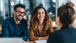 © v.stock - Professional immigration attorney consulting a happy couple holding passports in modern office in the USA. Smiling lawyer assisting clients with green card and visa application process, legal advice.