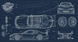 © Payah - Detailed Blueprint of a Sports Car and Engine Components.