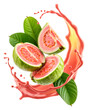 © boxstock production - Fresh pink guava slices with red juice splash and green leaves floating in air on transparent background