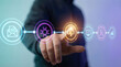 © remake - Finger touching glowing cloud download in digital workflow chain with email chip monitor document and chart icons. Business process automation data pipeline computing and enterprise technology