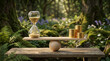 © solom - balancing time and money concept with hourglass and stacks of gold coins on wooden scale in nature forest setting representing financial planning and wealth management