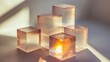 © OM - Aerogel transparency blocks stacked minimalist composition light passing through transparent layers creating warm golden color variations shadow patterns