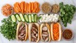 © ANASTASIIA - Vietnamese banh mi sandwich ingredients overhead view with baguette rolls meat fillings pickled vegetables cucumber cilantro and condiments arranged on white background
