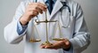 © Wool World - Healthcare professional in white coat holding golden scales, symbolizing the important balance of medical ethics, law, and responsibility