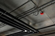© evgeniykleymenov - A concrete ceiling with black insulated pipes, grey flexible conduits, and a red fire alarm mounted; industrial setup with visible plumbing and electrical wiring.