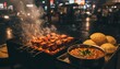 © adji - Delicious Indian street food grilling on skewers with fresh bread and curry