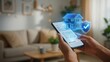 © Nata - Hands holding a smartphone with smart home security app interface,