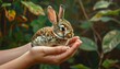 © ruangrit19 - A person holds a cute small brown bunny in their hands in a lush garden setting captured in a soft focus photography style for nature lovers.