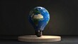 © ruangrit19 - A conceptual 3D render of a glowing light bulb shaped like the planet Earth sitting on a wooden pedestal representing global sustainability.