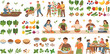 © MST HASMOTARA - Healthy lifestyle vector set with people gardening harvesting farming cooking and eating organic vegetables fruits and grains for balanced diet nutrition and wellness design.