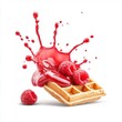 © Food and drink - Circular splash of raspberry sauce on an isolated waffle with a white background, artistic touch.