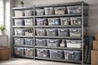 © AkuAku - Large metal shelving displaying transparent plastic storage containers for storage solutions