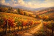 © AkuAku - Oil painting of a vibrant vineyard landscape with autumn colors and gently rolling grape hills under a bright sky