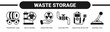 © santerabos - Waste Storage web banner icon vector illustration concept with icons of transport cask, waste barrel, radiation sign, cooling pipe, radiation detector, and control rod.