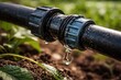 © AkuAku - Close perspective of water droplet forming on defective farm irrigation connector stressing repair importance