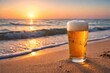 © TheWaterMeloonProjec - Full glass of beer placed on sand near ocean waves with peaceful sunset and clear sky copy space