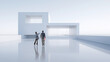 © master1305 - Business professionals reviewing modern minimalist house architecture in futuristic white space. Concept of real estate presentation, property investment, architectural design and luxury living.
