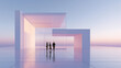 © master1305 - Business team discussing modern glass architecture project in pastel futuristic environment. Concept of collaboration, real estate development, investment strategy and innovative design.
