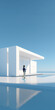 © master1305 - Businesswoman walking near modern minimalist villa with pool in bright blue environment. Concept of luxury real estate, lifestyle aspiration, architecture showcase and property investment.