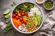 © TheWaterMeloonProjec - Birds eye view of fresh vegetable medley and white rice served in a bowl with copy space included