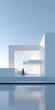 © master1305 - Woman exploring modern minimalist architecture with curved forms in clean white space. Concept of real estate exploration, lifestyle aspiration, architectural design and property showcase.