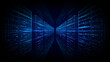 © AntonKhrupinArt - Abstract data server center room with AI cloud internet network, glowing rack systems and digital tech environment, futuristic computer background with flowing data connections and blue light. Vector