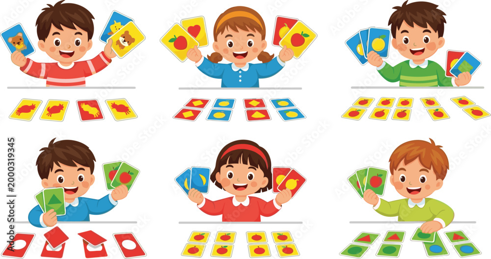 Kids playing educational card game vector illustration set, happy ...