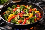 Colorful organic vegetables sautÃ©ed in a heavy cast iron skillet on burner