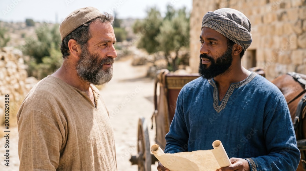 Saint Philip teaching the Ethiopian eunuch on a dusty road. Biblical ...