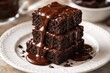 © CryptoCanvas - Chocolate brownies topped with thick chocolate sauce on elegant white dish