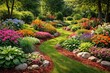 © AbstractAI - Beautiful summer garden full length view with thriving flower beds, red mulch, and mixed greenery with decorative rocks
