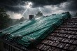 © AbstractAI - Green tarpaulin sheltering residential roof from hail damage in strong thunderstorm