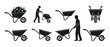 © Fernando - Wheelbarrow icon set, person pushing cart for gardening and construction. Vector flat illustration of equipment for landscaping, yard work, soil transport, and heavy duty site maintenance on white bac