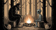 © Kulo - Sasquatch and Grey Alien Sitting Around a Forest Campfire