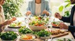 © Alice M - People gather around a wooden table enjoying a healthy meal with fresh salads, colorful vegetables, and nutritious food. Green plants create a natural atmosphere of wellness and connection.