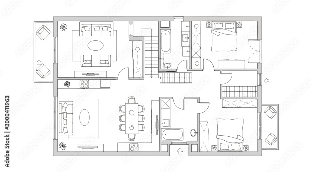 Detailed architectural floor plan of a modern house or apartment with ...