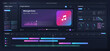 © 24 std - Video Editing Software Timeline Interface. Dark video editing dashboard with media library, program monitor, inspector controls and multitrack timeline for creative production, audio. Vector UI App