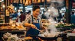 © Andara - Asian woman cooking street food in a bustling market, steam rising from wok.