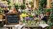 © Влада Яковенко - Cheerful spring display with flowers in jars and a seasonal chalkboard message, warm outdoor cafe atmosphere, fresh floral arrangement, bright natural light, realistic detail, no logos