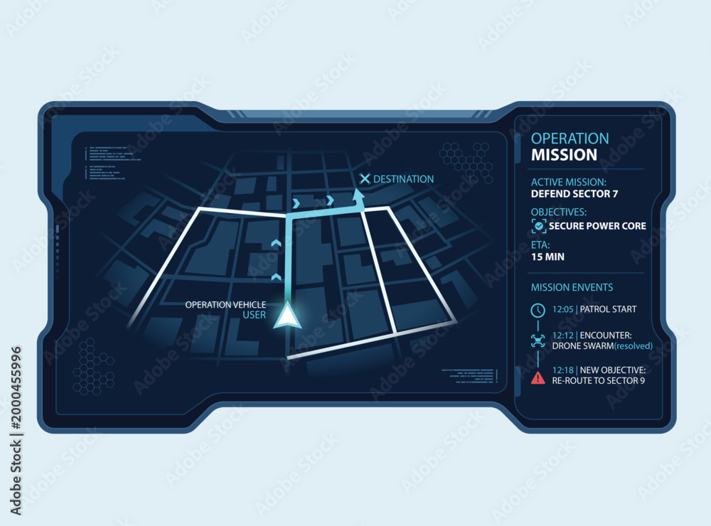 Futuristic tactical HUD interface showing a 3D city navigation map ...