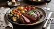 © Coosh448 - Grilled beef steak served with roasted vegetables and rosemary, gourmet dinner plate with juicy meat and elegant rustic styling, realistic food detail, no logos