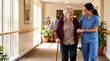 © La Neve - Walking Hand-in-Hand: A touching scene captures a caregiver assisting a senior woman as they walk down a sunlit hallway, embodying care and support.